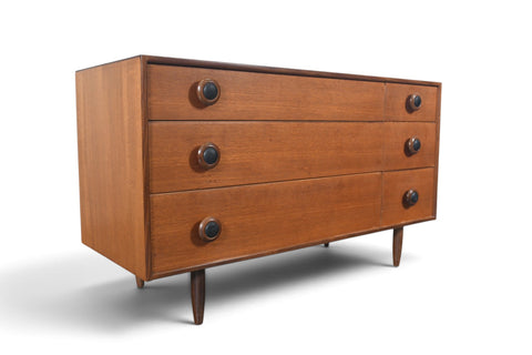 LOW SIX DRAWER TEAK DRESSER WITH LEATHER PULLS