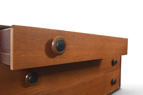 LOW SIX DRAWER TEAK DRESSER WITH LEATHER PULLS