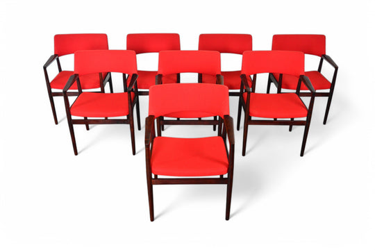 SET OF EIGHT ERIK WORTS "ERIKA" ARMCHAIRS IN ROSEWOOD + CRIMSON WOOL