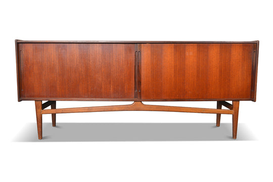 DANISH MODERN TWO DOOR SLIDING CREDENZA WITH FLOATING OAK BASE