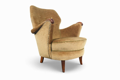 1940s DANISH MODERN CLUB CHAIR IN OLIVE GOLD VELVET