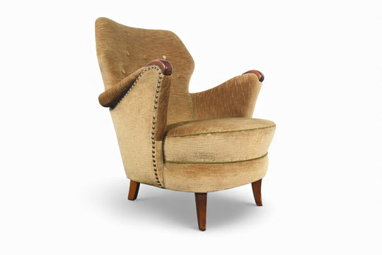 1940s DANISH MODERN CLUB CHAIR IN OLIVE GOLD VELVET