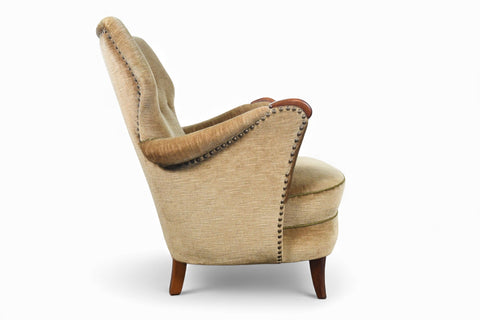 1940s DANISH MODERN CLUB CHAIR IN OLIVE GOLD VELVET