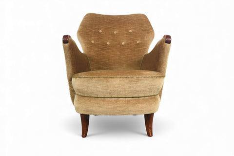 1940s DANISH MODERN CLUB CHAIR IN OLIVE GOLD VELVET