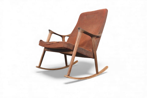 SCULPTURAL INGMAR RELLING TEAK + WOOL ROCKING CHAIR