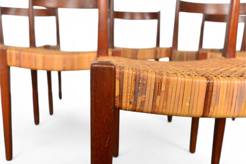 Mid-century modern dining chairs Model 110 in teak frames with cane seats