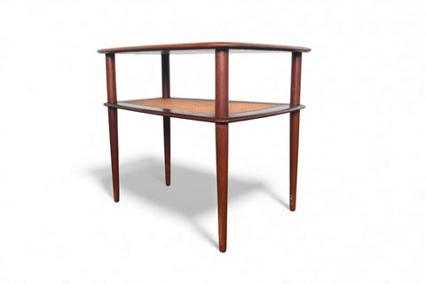PETER HVIDT SOLID TEAK + CANE SIDE TABLE