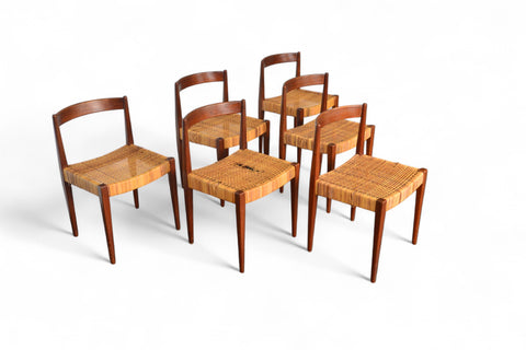 Teak and cane dining chairs set of six, 1950s Danish design by Nanna Ditzel