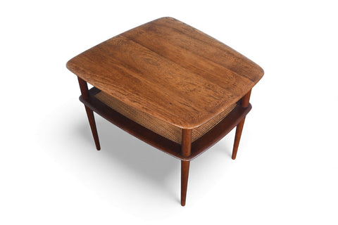 LARGE PETER HVIDT SOLID TEAK + CANE SIDE TABLE