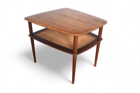 LARGE PETER HVIDT SOLID TEAK + CANE SIDE TABLE