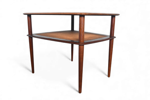 LARGE PETER HVIDT SOLID TEAK + CANE SIDE TABLE
