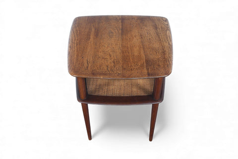 LARGE PETER HVIDT SOLID TEAK + CANE SIDE TABLE