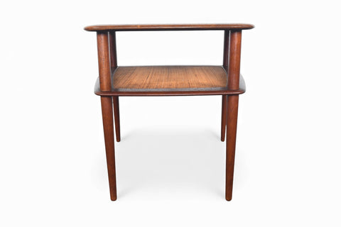 LARGE PETER HVIDT SOLID TEAK + CANE SIDE TABLE