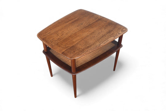 LARGE PETER HVIDT SOLID TEAK + CANE SIDE TABLE