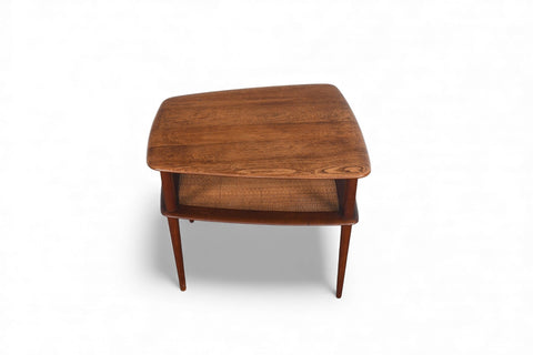 LARGE PETER HVIDT SOLID TEAK + CANE SIDE TABLE