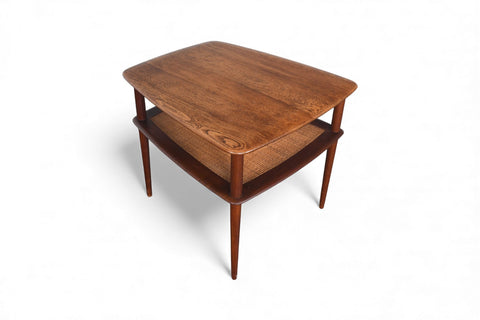 LARGE PETER HVIDT SOLID TEAK + CANE SIDE TABLE