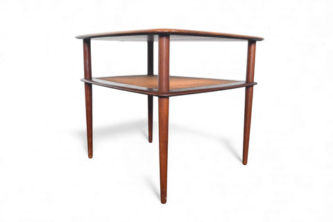 LARGE PETER HVIDT SOLID TEAK + CANE SIDE TABLE
