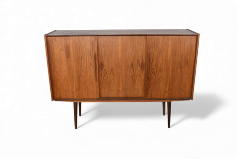 DANISH MODERN TALL TEAK CREDENZA WITH SLIDING DOORS