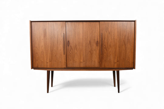 DANISH MODERN TALL TEAK CREDENZA WITH SLIDING DOORS