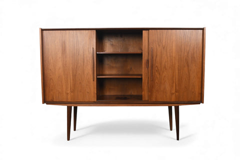 DANISH MODERN TALL TEAK CREDENZA WITH SLIDING DOORS