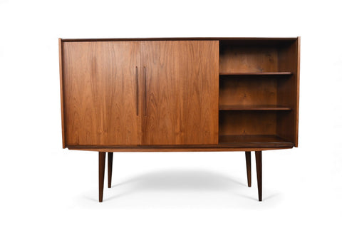 DANISH MODERN TALL TEAK CREDENZA WITH SLIDING DOORS