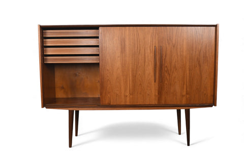 DANISH MODERN TALL TEAK CREDENZA WITH SLIDING DOORS