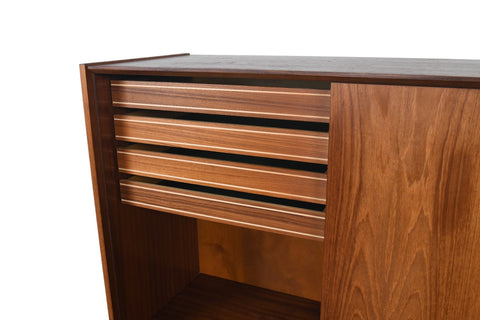DANISH MODERN TALL TEAK CREDENZA WITH SLIDING DOORS
