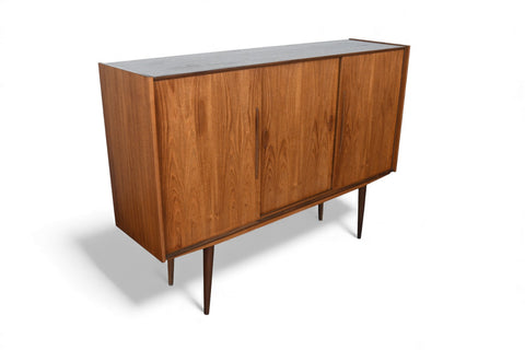 DANISH MODERN TALL TEAK CREDENZA WITH SLIDING DOORS
