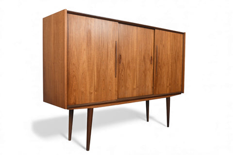 DANISH MODERN TALL TEAK CREDENZA WITH SLIDING DOORS