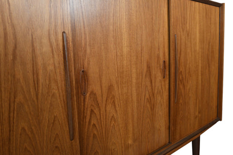DANISH MODERN TALL TEAK CREDENZA WITH SLIDING DOORS