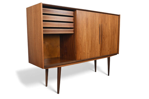 DANISH MODERN TALL TEAK CREDENZA WITH SLIDING DOORS
