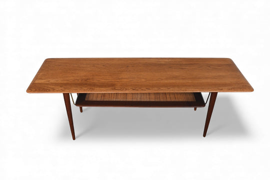 PETER HVIDT SOLID TEAK + CANE RECTANGULAR COFFEE TABLE