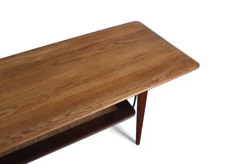 PETER HVIDT SOLID TEAK + CANE RECTANGULAR COFFEE TABLE
