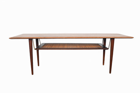 PETER HVIDT SOLID TEAK + CANE RECTANGULAR COFFEE TABLE