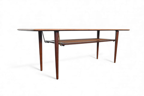 PETER HVIDT SOLID TEAK + CANE RECTANGULAR COFFEE TABLE