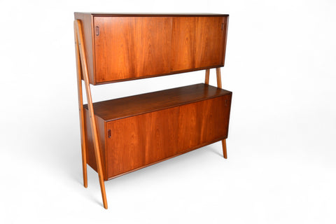 DOUBLE TIER DANISH MID CENTURY CREDENZA IN TEAK + OAK