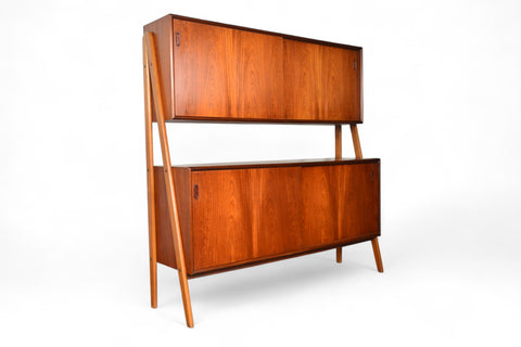 DOUBLE TIER DANISH MID CENTURY CREDENZA IN TEAK + OAK