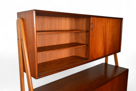 DOUBLE TIER DANISH MID CENTURY CREDENZA IN TEAK + OAK