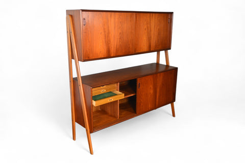 DOUBLE TIER DANISH MID CENTURY CREDENZA IN TEAK + OAK