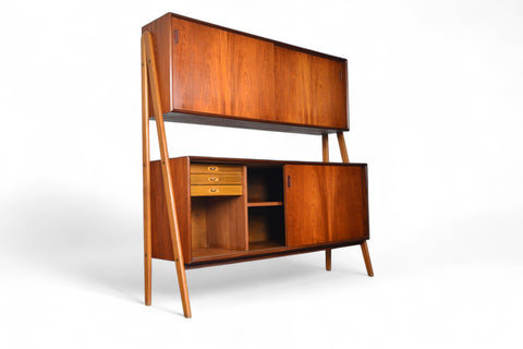 DOUBLE TIER DANISH MID CENTURY CREDENZA IN TEAK + OAK