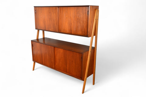 DOUBLE TIER DANISH MID CENTURY CREDENZA IN TEAK + OAK