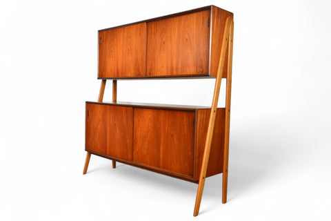 DOUBLE TIER DANISH MID CENTURY CREDENZA IN TEAK + OAK
