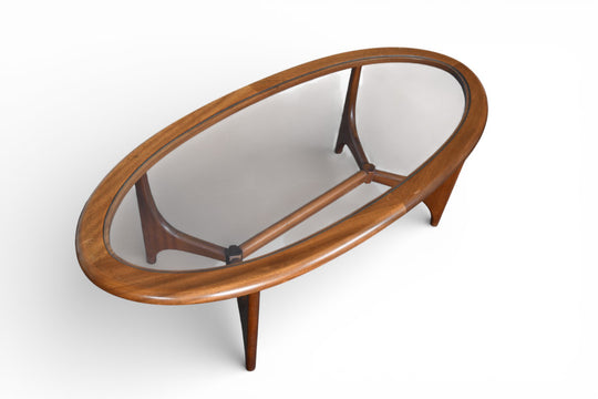 MID CENTURY OVAL + GLASS COFFEE TABLE BY STONEHILL
