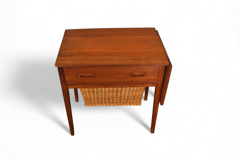 MID CENTURY TEAK SEWING TABLE WITH CANE YARN BASKET