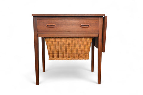 MID CENTURY TEAK SEWING TABLE WITH CANE YARN BASKET