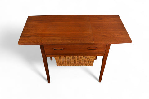 MID CENTURY TEAK SEWING TABLE WITH CANE YARN BASKET
