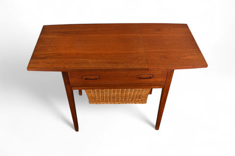 MID CENTURY TEAK SEWING TABLE WITH CANE YARN BASKET