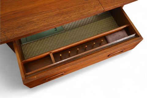 MID CENTURY TEAK SEWING TABLE WITH CANE YARN BASKET