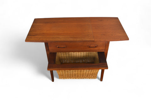 MID CENTURY TEAK SEWING TABLE WITH CANE YARN BASKET