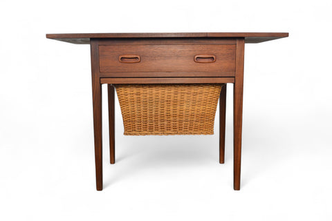 MID CENTURY TEAK SEWING TABLE WITH CANE YARN BASKET